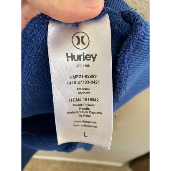 Hurley Mens Blue Fleece Hoodie L Pullover‎ Sweatshirt pullover cotton hooded - Picture 5 of 8